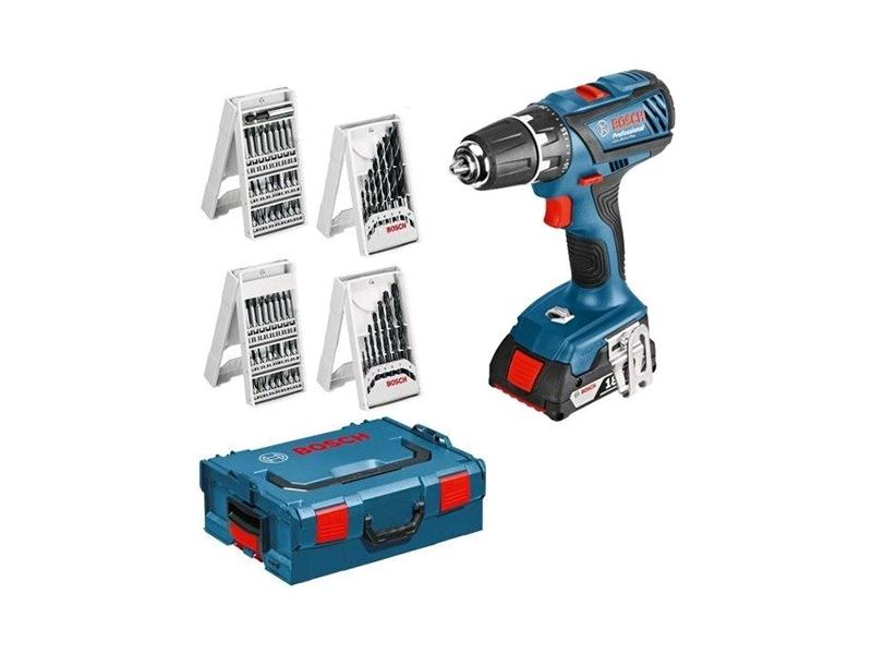Аккум. дрель-шуруповерт BOSCH GSR 18-2-LI L-BOXX + 4 набора сверл и бит (18.0 В, 2 акк., 2.0 А/ч Li-Ion, 2 скор., 63 Нм, шурупы до 8 мм) (0615990H27)